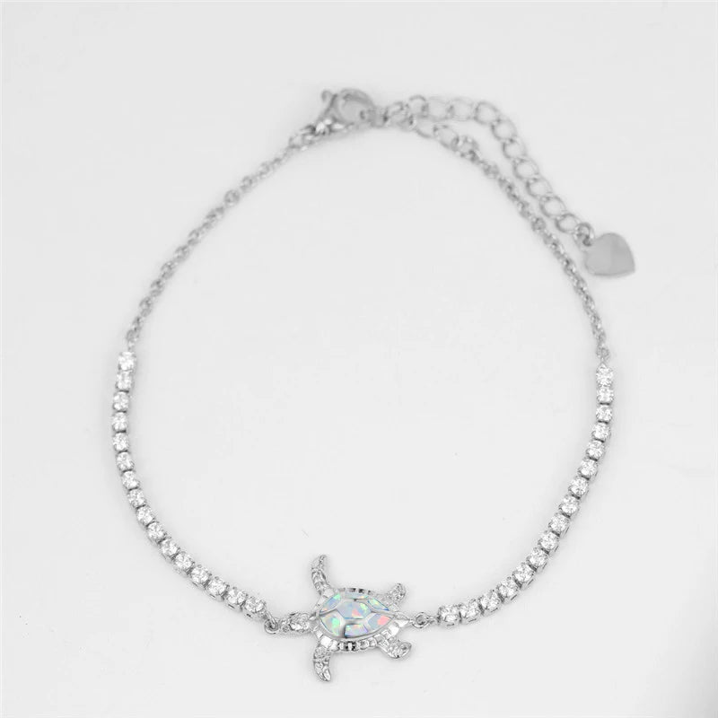 Opal Stone Sea Turtle Bracelet Vintage Silver Chain Jewelry