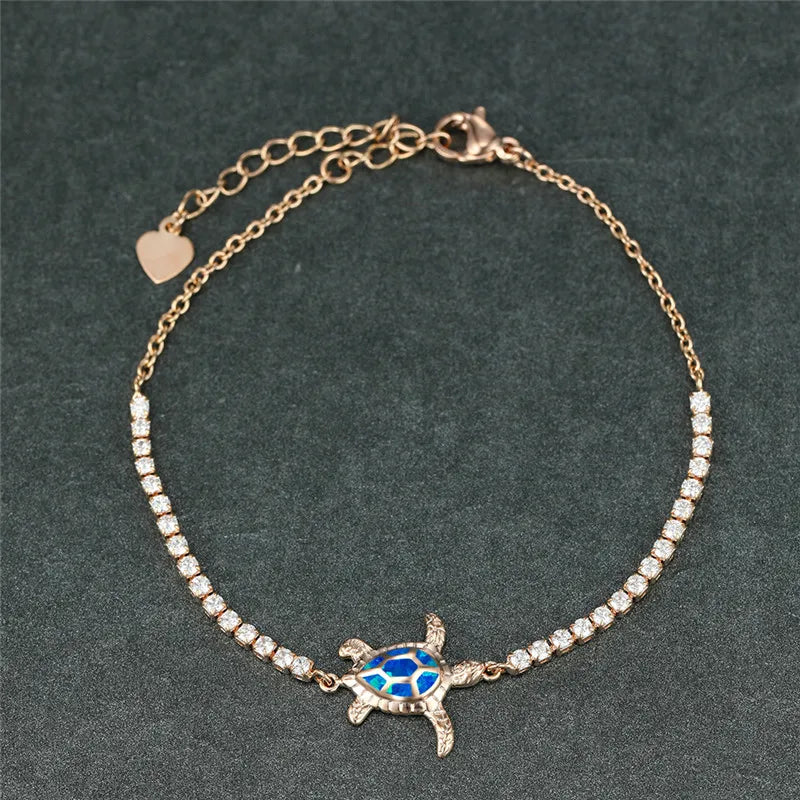 Opal Stone Sea Turtle Bracelet Vintage Silver Chain Jewelry