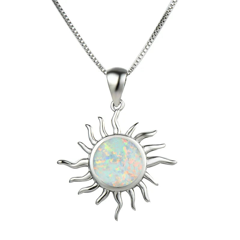 Opal Sun Pendant Necklace Vintage 925 Silver Birthstone