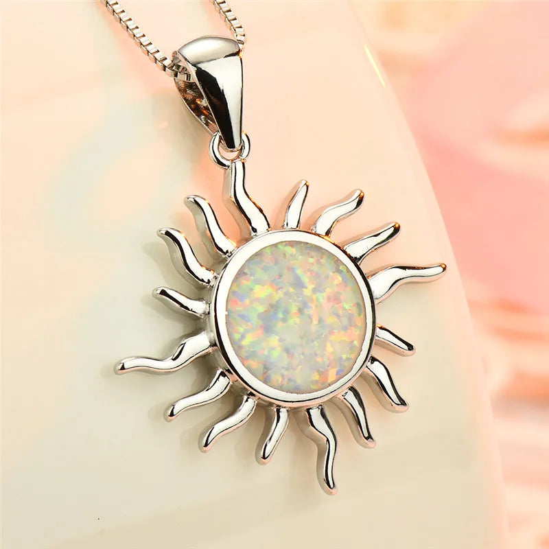 Opal Sun Pendant Necklace Vintage 925 Silver Birthstone