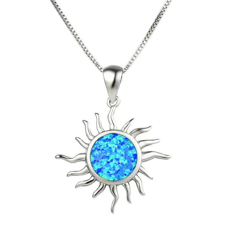 Opal Sun Pendant Necklace Vintage 925 Silver Birthstone