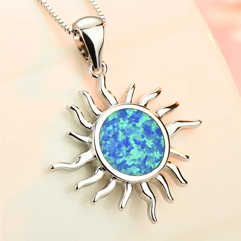 Opal Sun Pendant Necklace Vintage 925 Silver Birthstone