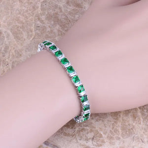 Green CZ Silver Plated Link Chain Bracelet 7 inch