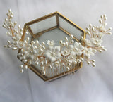 Ceramic Flower Hair Comb Bridal Crown Pearls Jewelry Wedding Headpiece
