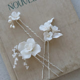 Ceramic Flower Hair Pins Bridal Clips Pearls Wedding Jewelry