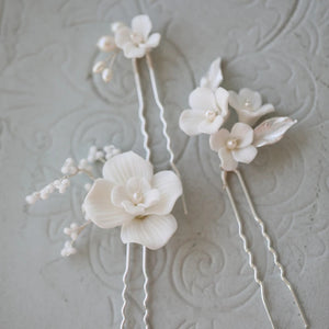 Ceramic Flower Hair Pins Bridal Clips Pearls Wedding Jewelry
