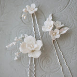 Ceramic Flower Hair Pins Bridal Clips Pearls Wedding Jewelry
