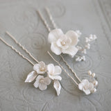 Ceramic Flower Hair Pins Bridal Clips Pearls Wedding Jewelry