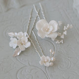 Ceramic Flower Hair Pins Bridal Clips Pearls Wedding Jewelry
