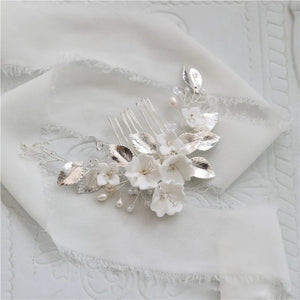 Ceramic Flower Comb Bridal Hair Piece Pearls Wedding Headpiece
