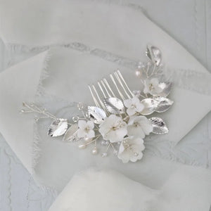 Ceramic Flower Comb Bridal Hair Piece Pearls Wedding Headpiece