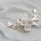 Ceramic Flower Comb Bridal Hair Piece Pearls Wedding Headpiece