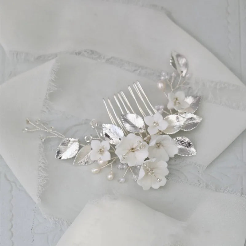 Ceramic Flower Comb Bridal Hair Piece Pearls Wedding Headpiece
