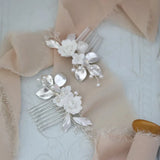 Ceramic Flower Small Combs Bridal Hair Pins Silver Leaf Wedding Headpiece
