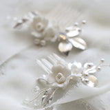 Ceramic Flower Small Combs Bridal Hair Pins Silver Leaf Wedding Headpiece