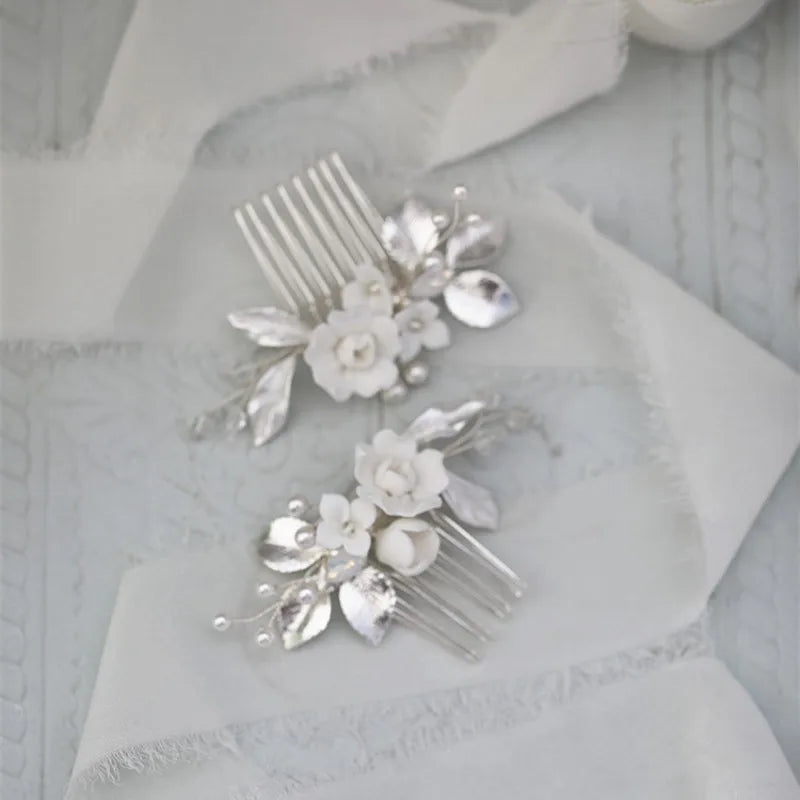 Ceramic Flower Small Combs Bridal Hair Pins Silver Leaf Wedding Headpiece