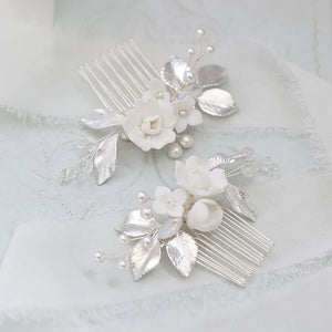 Ceramic Flower Small Combs Bridal Hair Pins Silver Leaf Wedding Headpiece