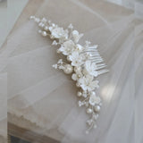 Ceramic Flower Wedding Comb Pearls Hair Jewelry Bridal Comb