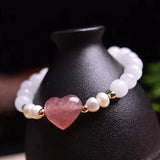 Chalcedony Crystal Bracelet 8mm Round Beads Strawberry Heart Women Jewelry