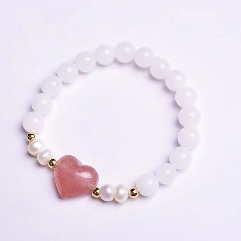 Chalcedony Crystal Bracelet 8mm Round Beads Strawberry Heart Women Jewelry