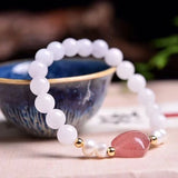 Chalcedony Crystal Bracelet 8mm Round Beads Strawberry Heart Women Jewelry