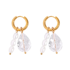 Crystal Pearls Earrings for Women Stainless Steel Rice Beads Golden Small Hoops