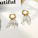 Crystal Pearls Earrings for Women Stainless Steel Rice Beads Golden Small Hoops