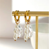 Crystal Pearls Earrings for Women Stainless Steel Rice Beads Golden Small Hoops