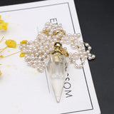 Crystal Perfume Bottle Necklace Clear Quartz Oil Vial Pearls Chain