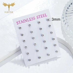 12 Pairs Zircon Stud Earrings Set Stainless Steel Ear Piercing Jewelry