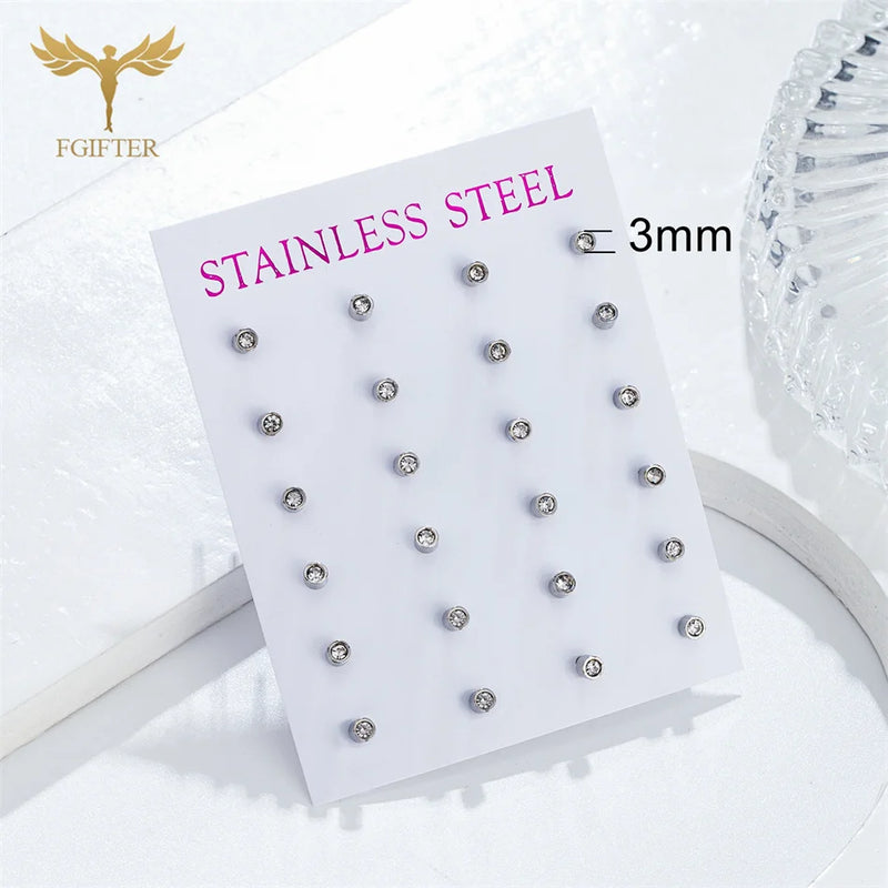 12 Pairs Zircon Stud Earrings Set Stainless Steel Ear Piercing Jewelry