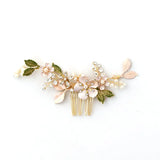 Enamel Flower Hair Comb Green Leaves Hair Pin Bridal Hair Comb