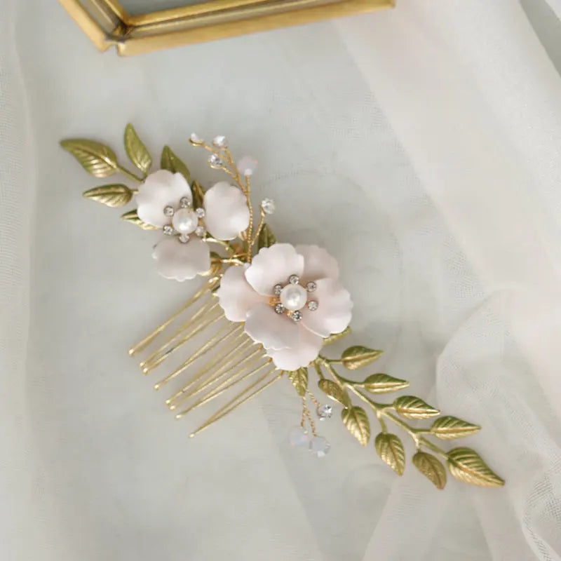 Enamel Flowers Bridal Hair Comb Opal Crystal Wedding Hair Accessories