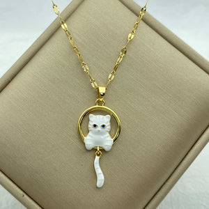 Enameled Cat Pendant Stainless Steel Necklace for Women