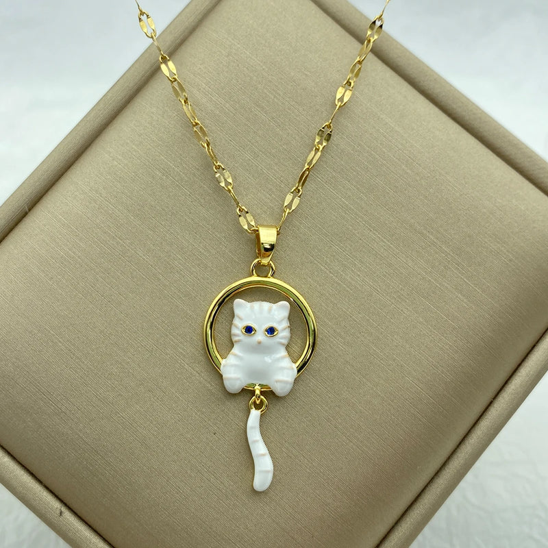 Enameled Cat Pendant Stainless Steel Necklace for Women