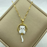 Enameled Cat Pendant Stainless Steel Necklace for Women