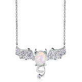 Fire Opal Oval Stone Bat Pendant 925 Silver Necklace
