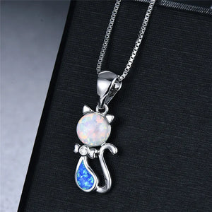 Fire Opal Cat Pendant Birthstone Necklace 925 Silver Chain