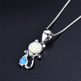 Fire Opal Cat Pendant Birthstone Necklace 925 Silver Chain