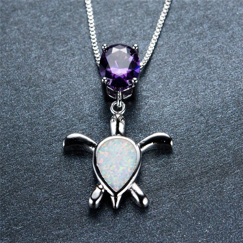 Fire Opal Water Drop Turtle Pendant Necklace Vintage 925 Sterling Silver Chain