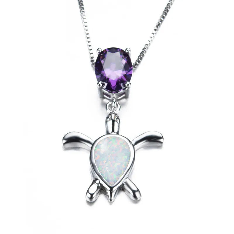 Fire Opal Water Drop Turtle Pendant Necklace Vintage 925 Sterling Silver Chain