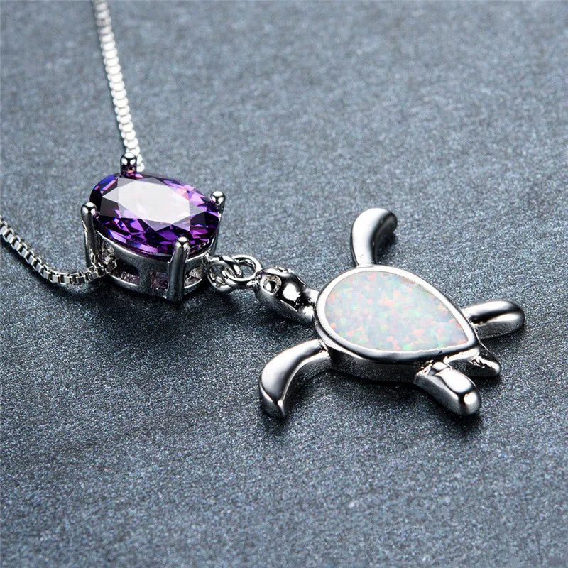 Fire Opal Water Drop Turtle Pendant Necklace Vintage 925 Sterling Silver Chain
