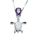Fire Opal Water Drop Turtle Pendant Necklace Vintage 925 Sterling Silver Chain