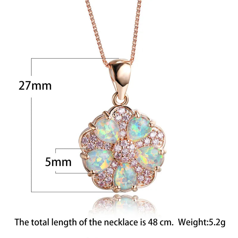 Opal Flower Pendant Necklace Vintage 925 Silver Chain Zircon Wedding Jewelry