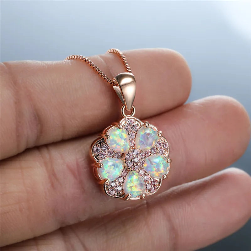 Opal Flower Pendant Necklace Vintage 925 Silver Chain Zircon Wedding Jewelry