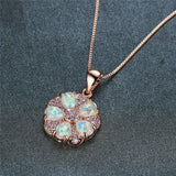 Opal Flower Pendant Necklace Vintage 925 Silver Chain Zircon Wedding Jewelry