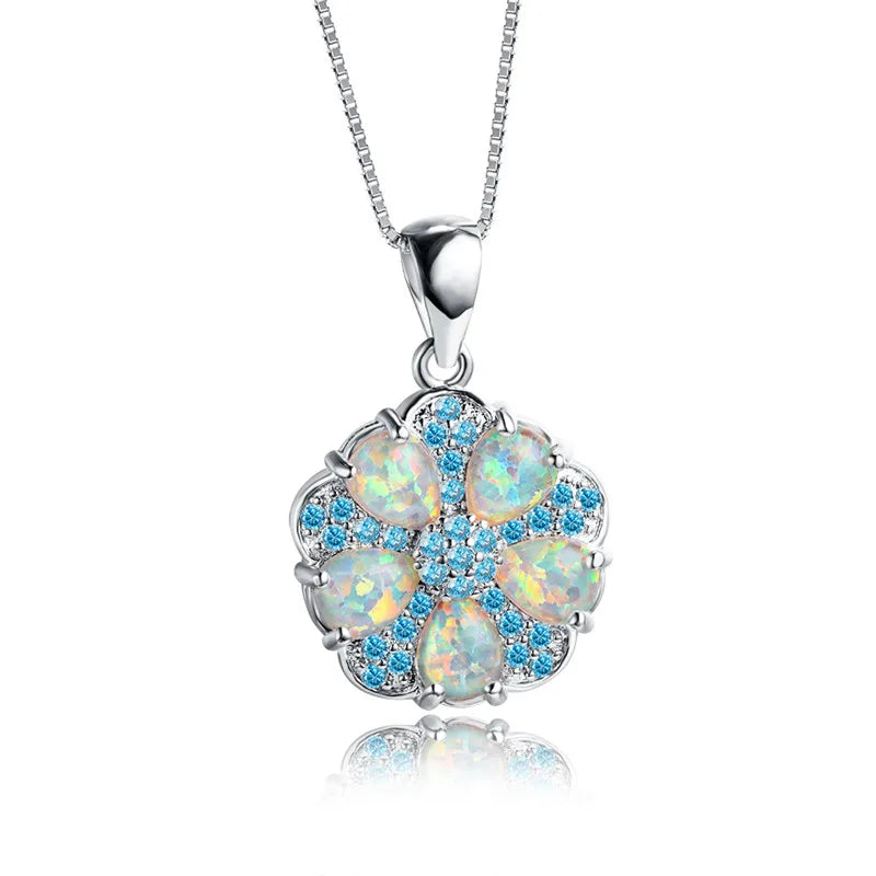 Opal Flower Pendant Necklace Vintage 925 Silver Chain Zircon Wedding Jewelry