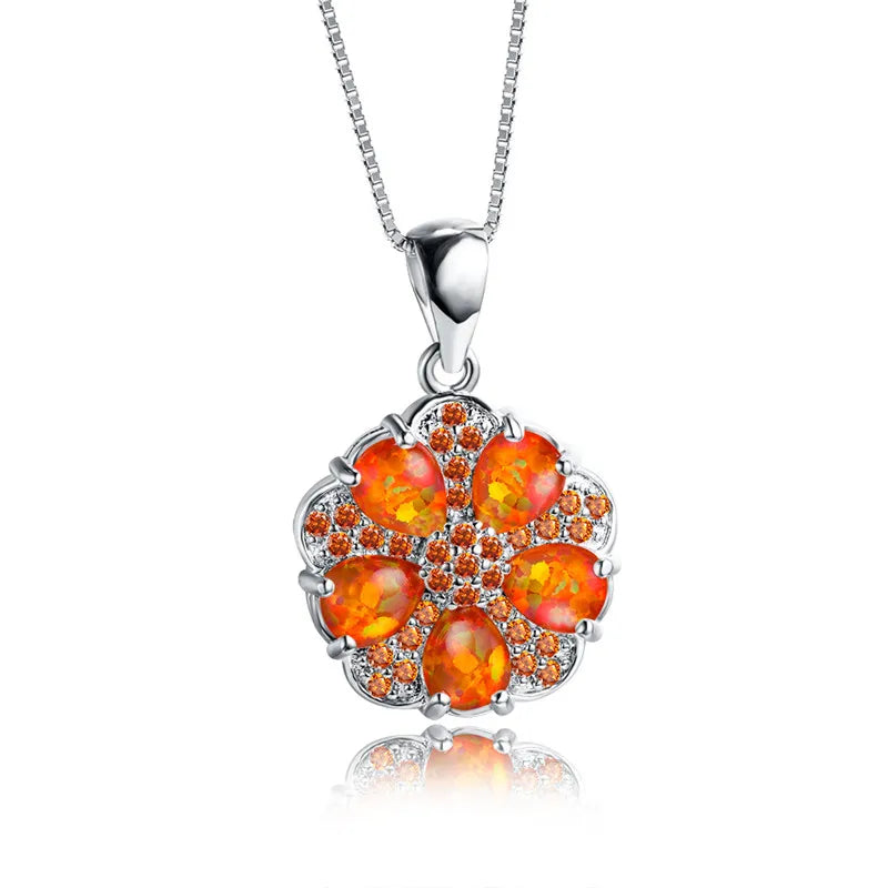 Opal Flower Pendant Necklace Vintage 925 Silver Chain Zircon Wedding Jewelry