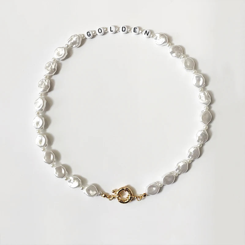 Pearls Beaded Choker Classic Letter Beads Necklace For Women Charm Jewelry