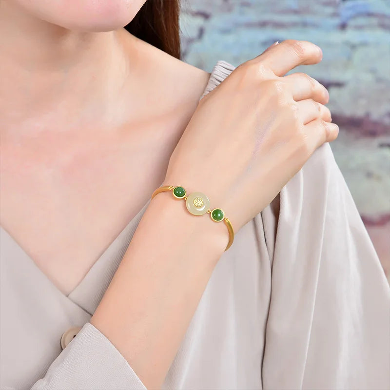 Vintage Jade Blessing Bracelet Natural Chalcedony Chinese Bangle 925 Silver